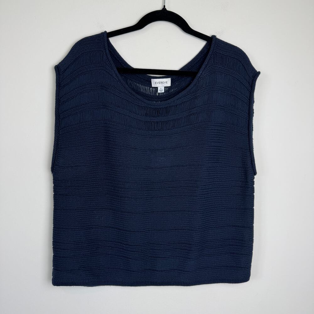 Evereve Women's Navy Blue Open Knit Cotton Sleeveless Boxy Sweater Size Large